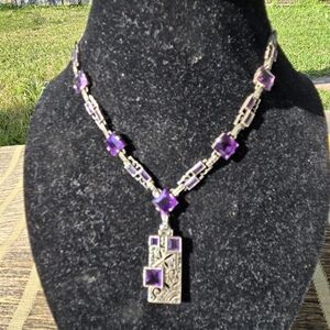 Amethyst Marcasite Silver drop necklace